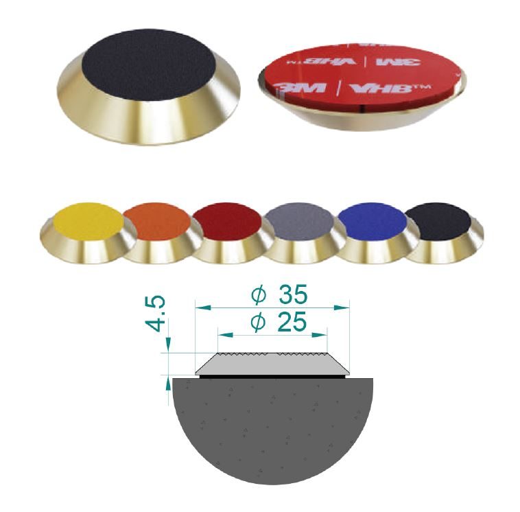 Self-adhesive brass tactile stud with carborundum insert