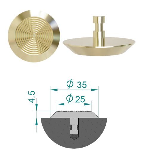 Brass tactile warning stud with concentric ring pattern and stem