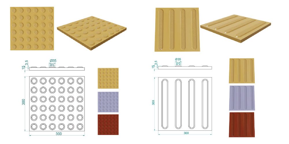 Porcelain ceramic tactile tiles with warning domes and directional bars