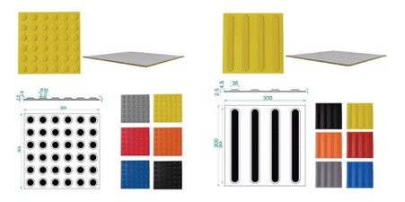 PU tactile tiles 300 x 300 mm dimensioned drawing with colour options