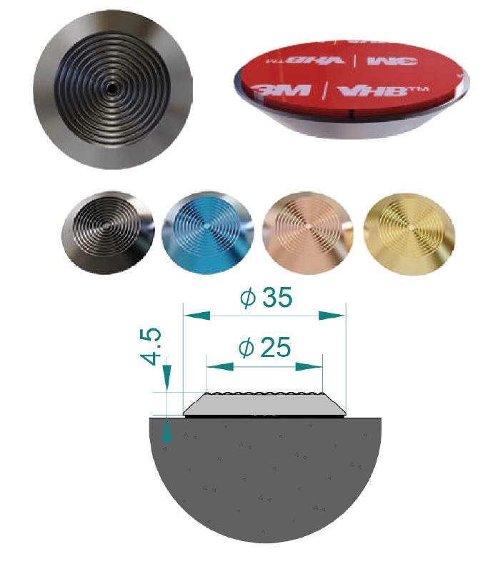 Self-adhesive PVD coated stainless steel tactile stud