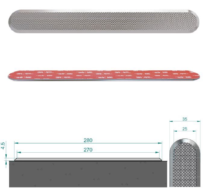 Self-adhesive stainless steel tactile strip with diamond pattern