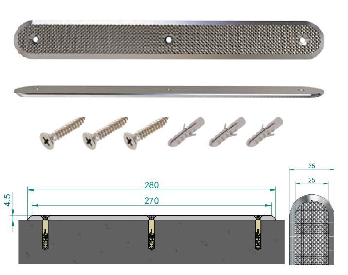 Stainless steel tactile strip with screw fixing for carpet, diamond pattern