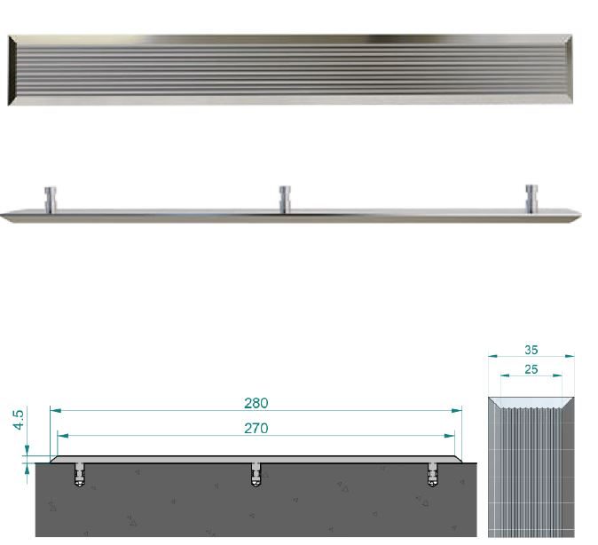 Stainless steel tactile strip with square ends and linear pattern
