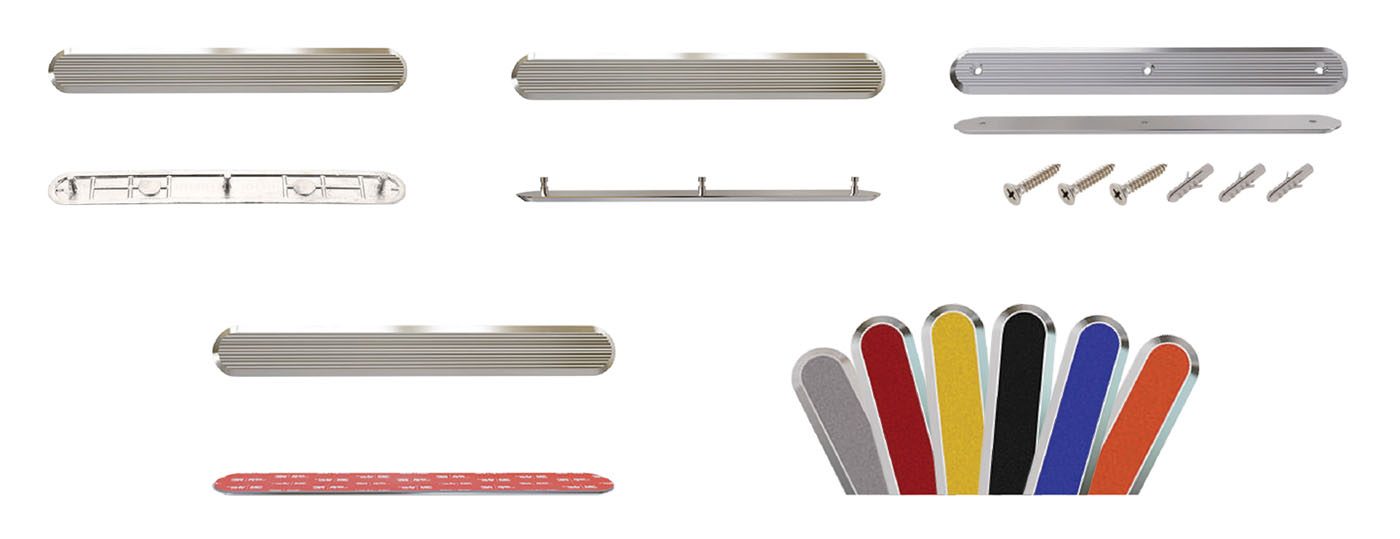 Stainless steel tactile directional strips with stems, self-adhesive backing and poly inserts