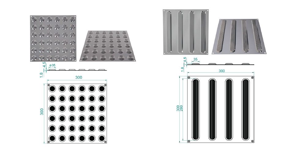 Stainless steel tactile tiles 300 x 300 mm with 36 studs and 4 bars, dimensioned drawing